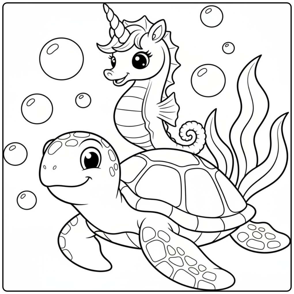 Un mignon coloriage hippocampe licorne avec son amie la tortue.