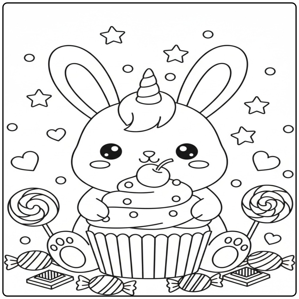 Joli Coloriage lapin licorne et bonbons tenant un cupcake.
