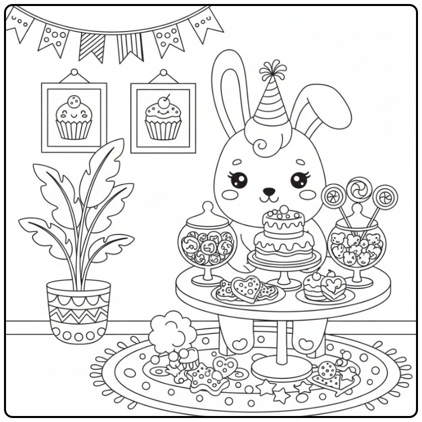 Joli Coloriage lapin licorne et bonbons pour un anniversaire.