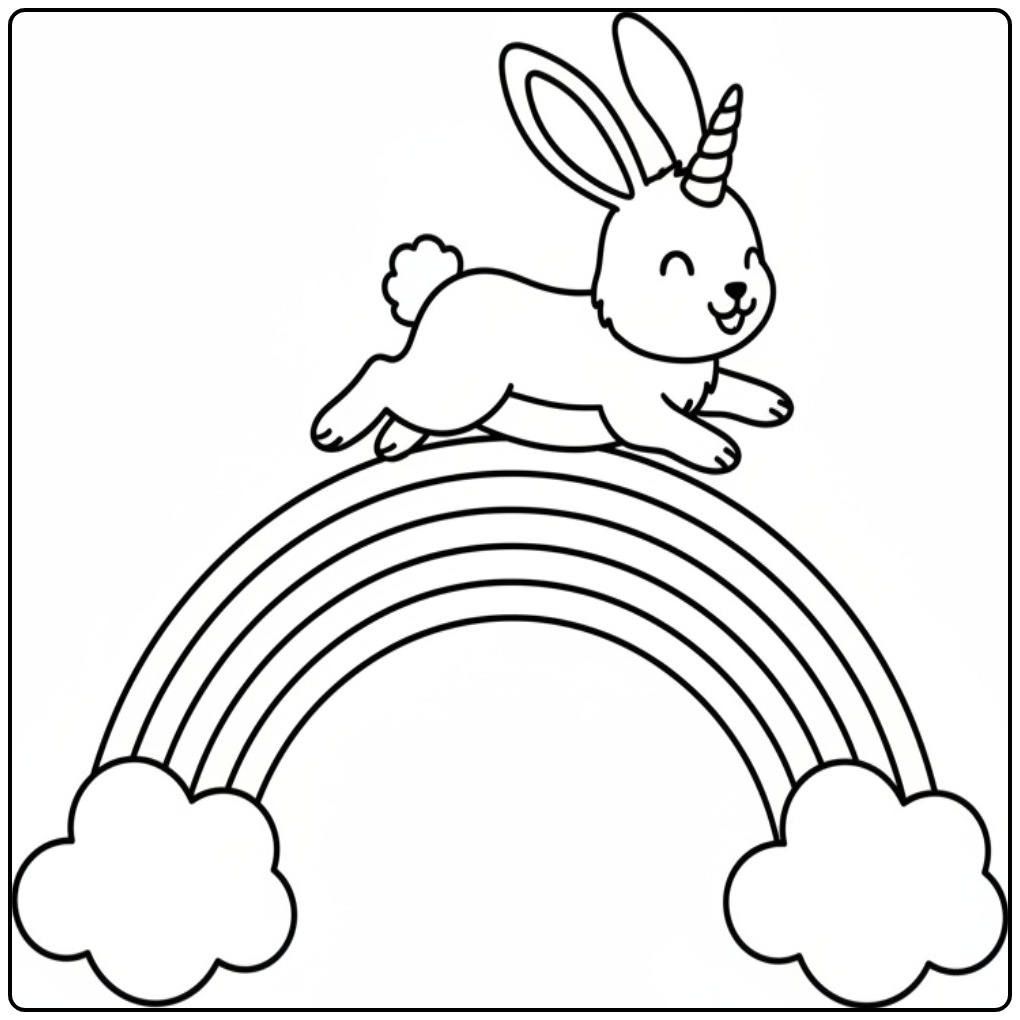 Joyeux coloriage lapin licorne bondissant sur un arc-en-ciel.