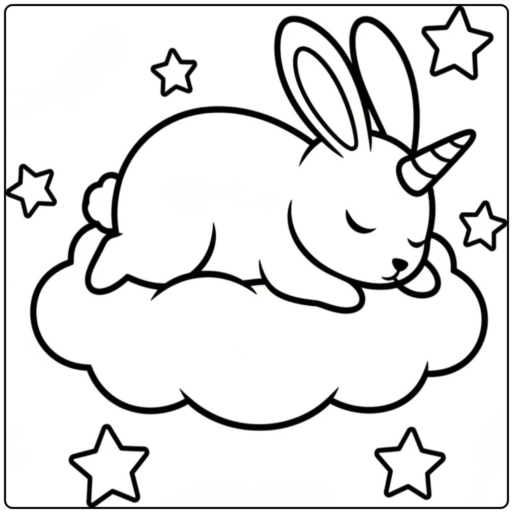 Un mignon coloriage lapin licorne endormi sur un nuage doux.
