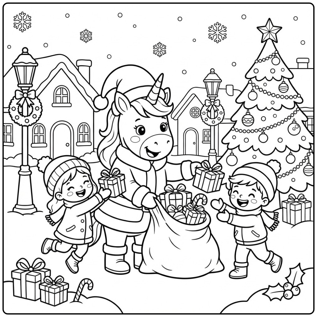 Un joli coloriage Licorne de Noël et Cadeaux avec deux enfants.