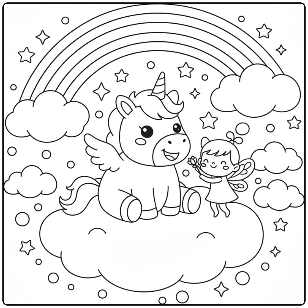 Un mignon Coloriage Licorne et Arc-en-ciel avec une fée amie.