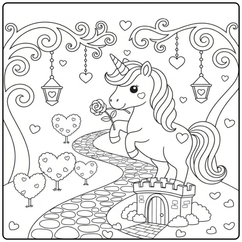 Dessin d'un Coloriage licorne et rose sur une tour de château.
