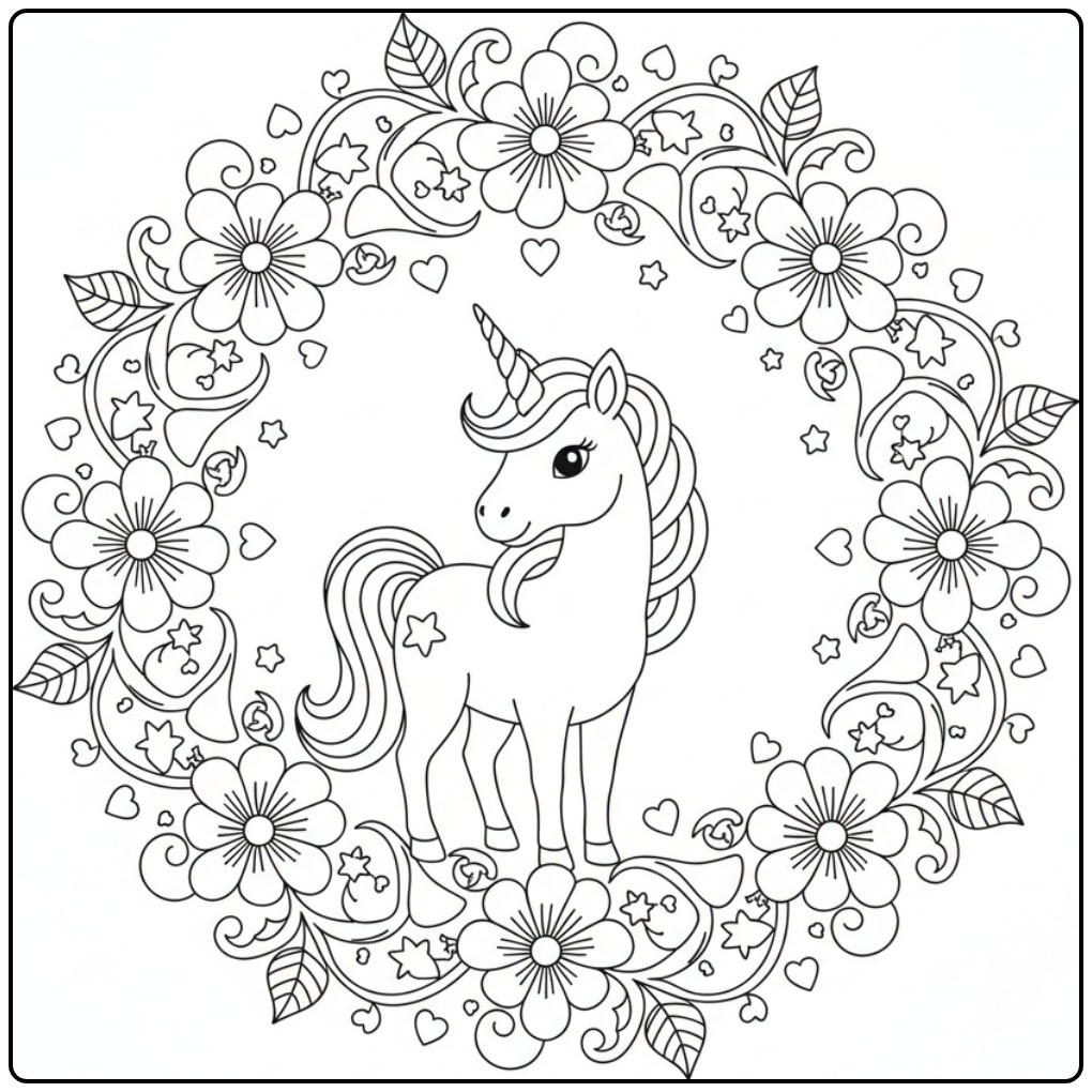 Joli coloriage licorne fleur dans une couronne florale.