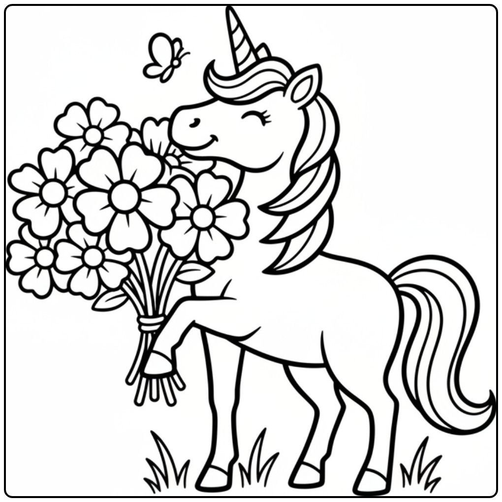Simple coloriage licorne fleur tenant un gros bouquet de fleurs.
