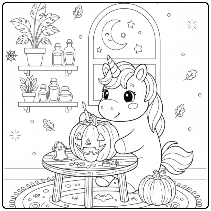Dessin mignon d'un Coloriage licorne Halloween et citrouille.