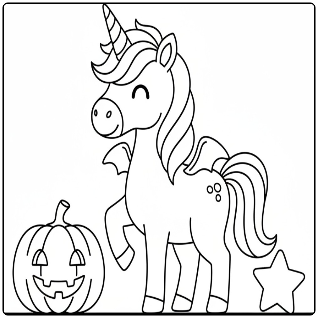Joli coloriage licorne halloween avec une citrouille et une étoile.