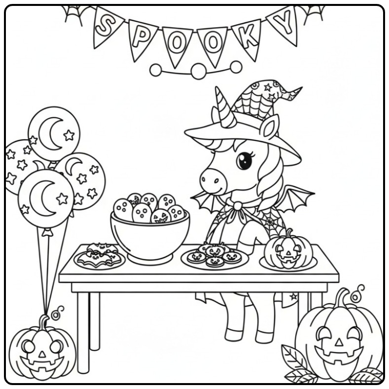 Joyeuse fête avec ce coloriage licorne halloween et ses bonbons.