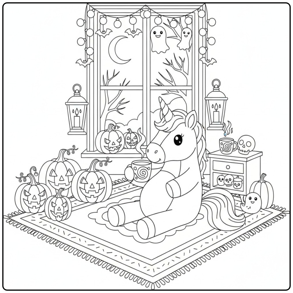 Jolie scène de coloriage licorne halloween avec des citrouilles.