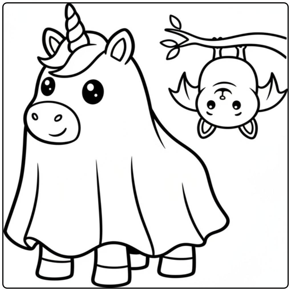 Mignon coloriage licorne halloween avec une chauve-souris.