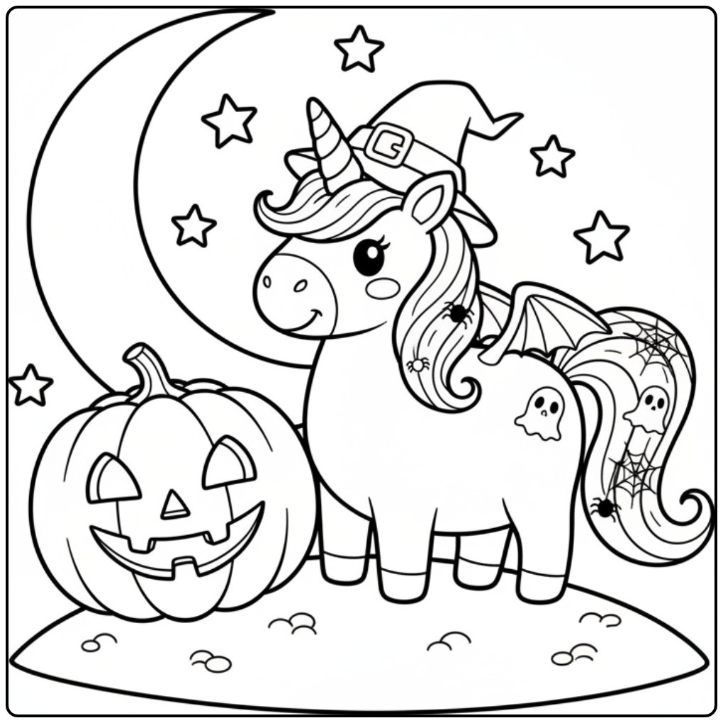 Joli dessin de coloriage licorne halloween avec une citrouille.