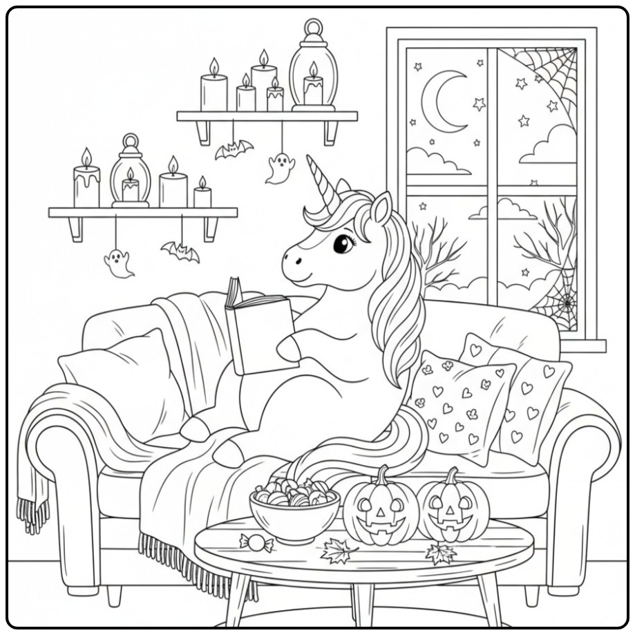 Une licorne lit sur un canapé, un coloriage licorne halloween.