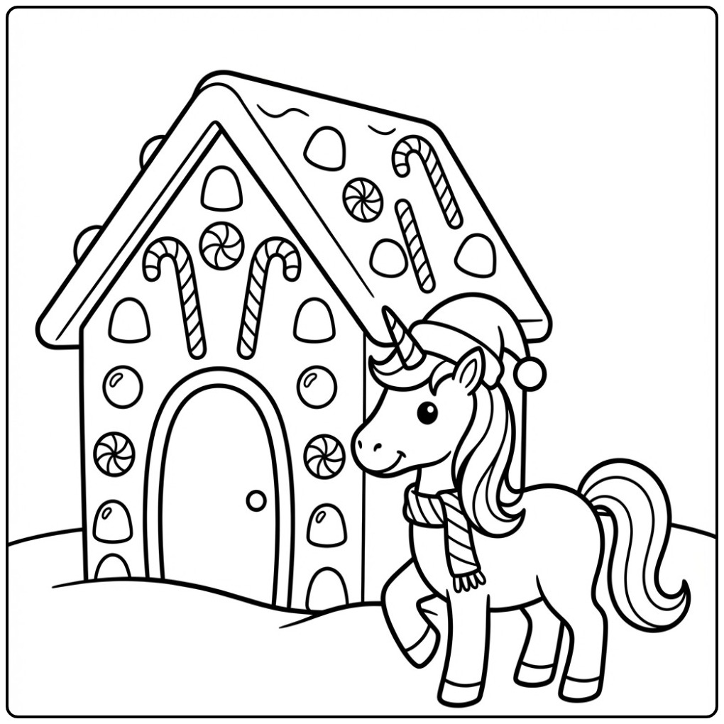 Un joli dessin de coloriage licorne noel avec une maison en bonbons.
