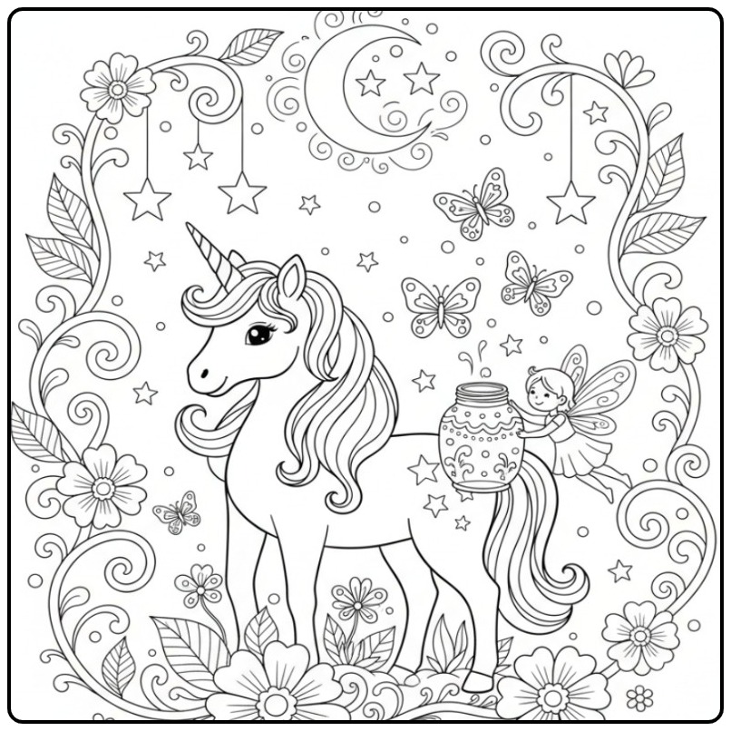 Jolie scène de coloriage licorne papillon avec une fée magique.