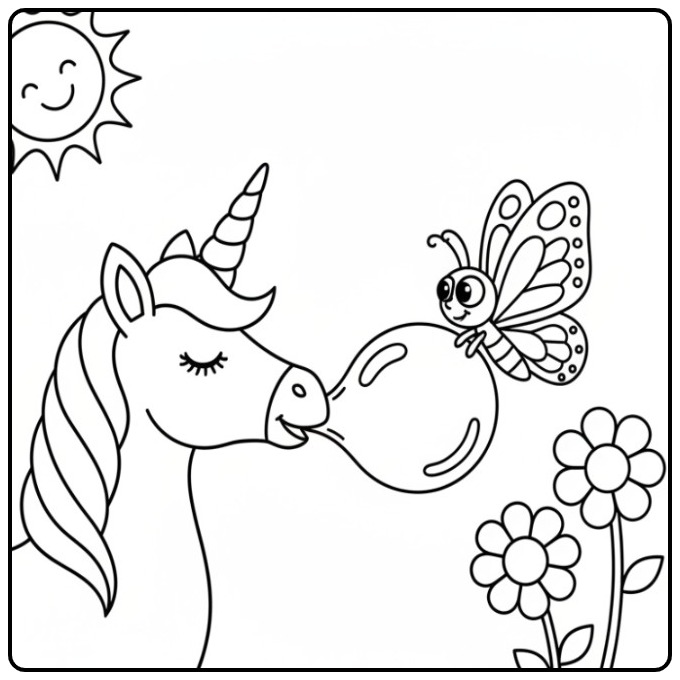 Dessin amusant pour un coloriage licorne papillon sous le soleil.