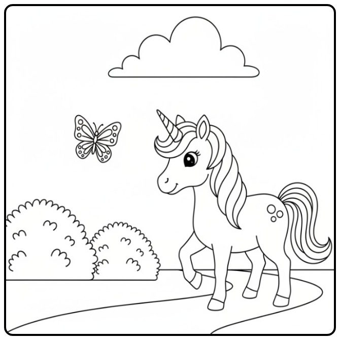 Un joli coloriage licorne papillon se promenant dans un pré.