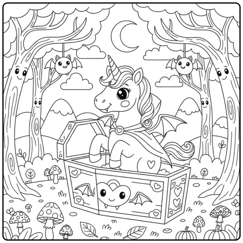 Joli dessin pour un Coloriage licorne vampire Halloween.