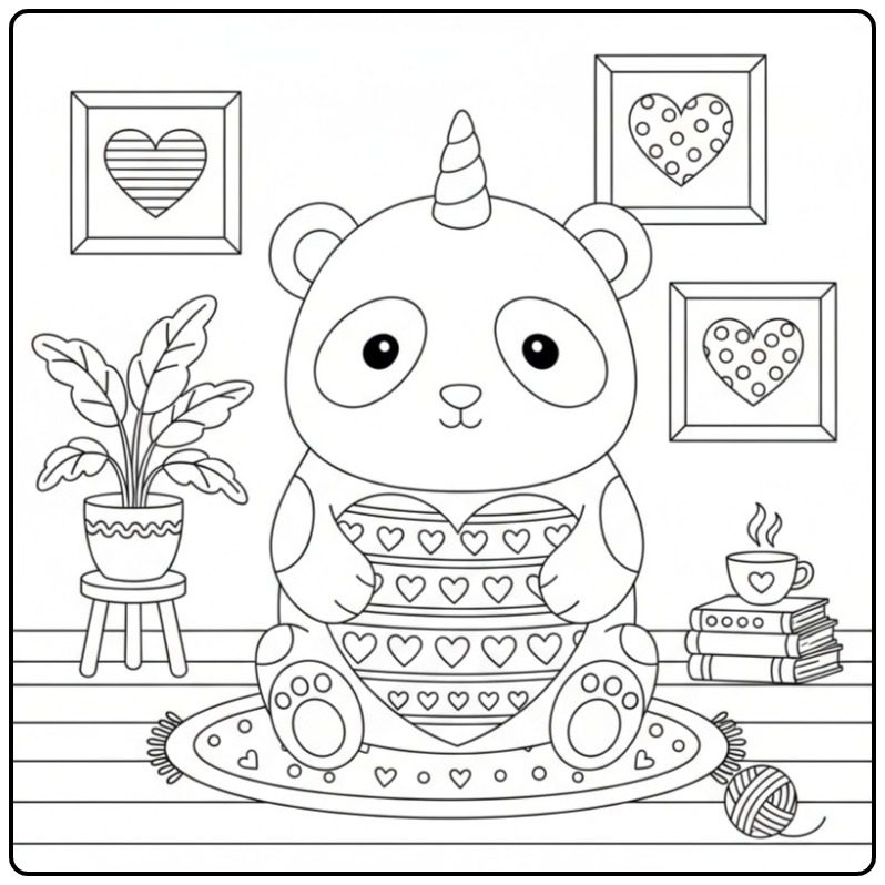 Un mignon Coloriage panda licorne avec des cœurs à imprimer.