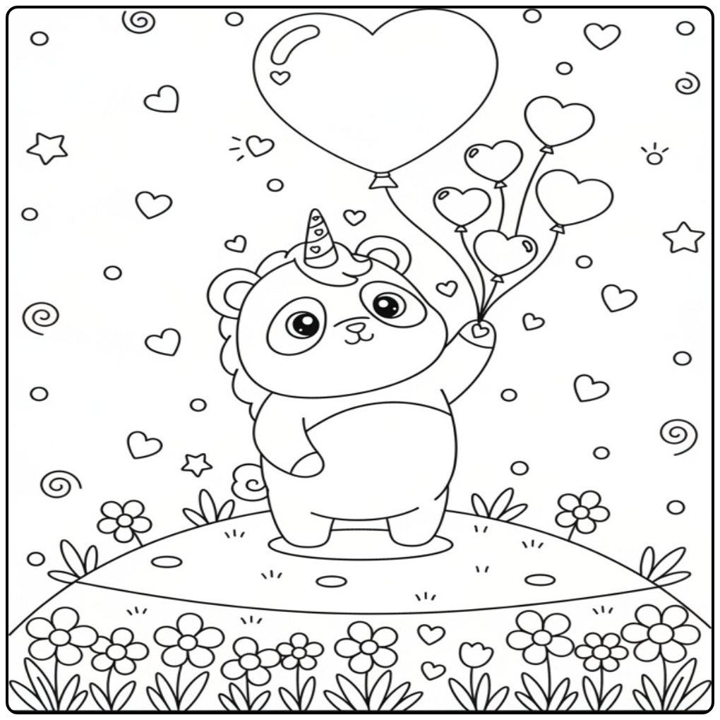 Joli Coloriage panda licorne avec des cœurs et des fleurs.