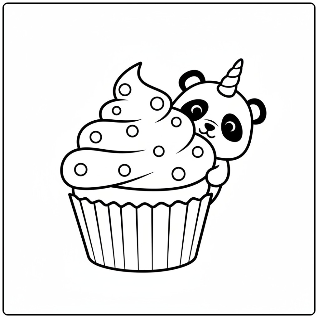 Un mignon coloriage panda licorne se cachant derrière un cupcake.