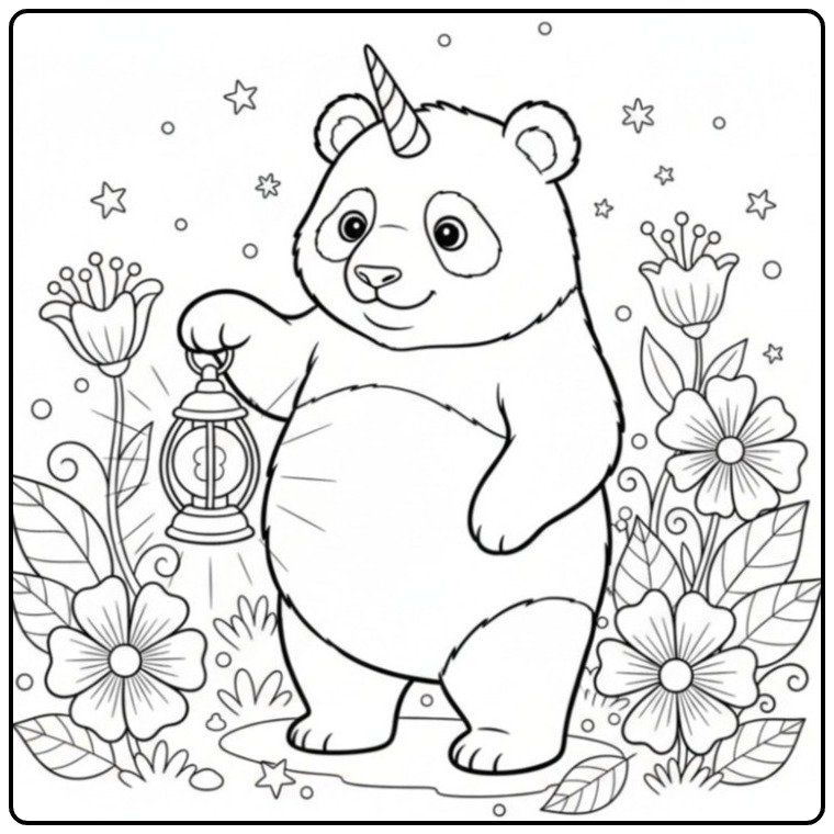 Un mignon coloriage panda licorne tenant une lanterne magique.