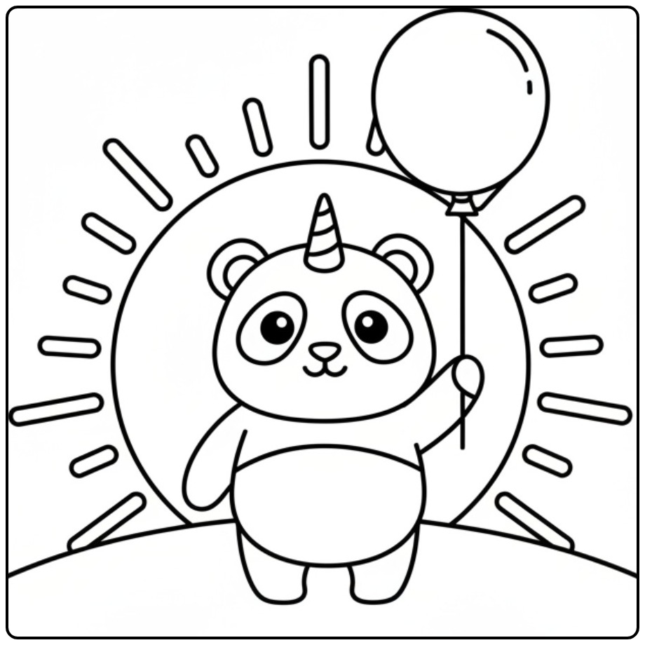 Un joyeux coloriage panda licorne avec un ballon sous le soleil.