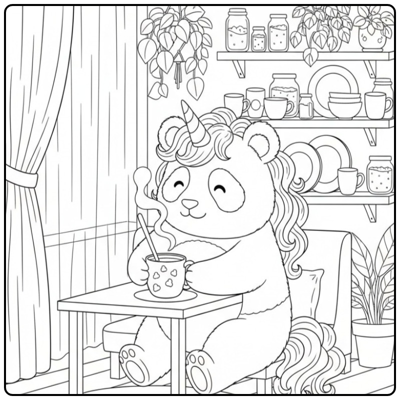 Dessin d'un coloriage panda licorne buvant une boisson chaude.