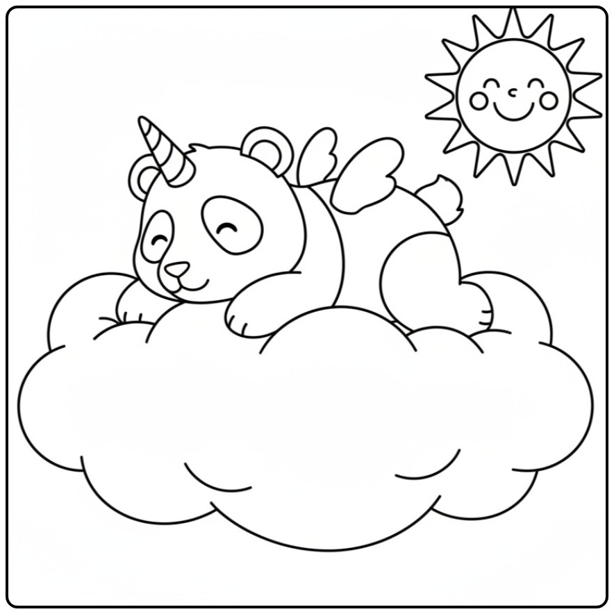 Un mignon coloriage panda licorne qui dort sur un nuage doux.
