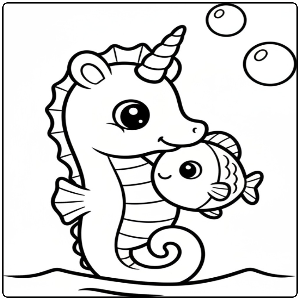 Un joli coloriage hippocampe licorne avec son ami poisson.