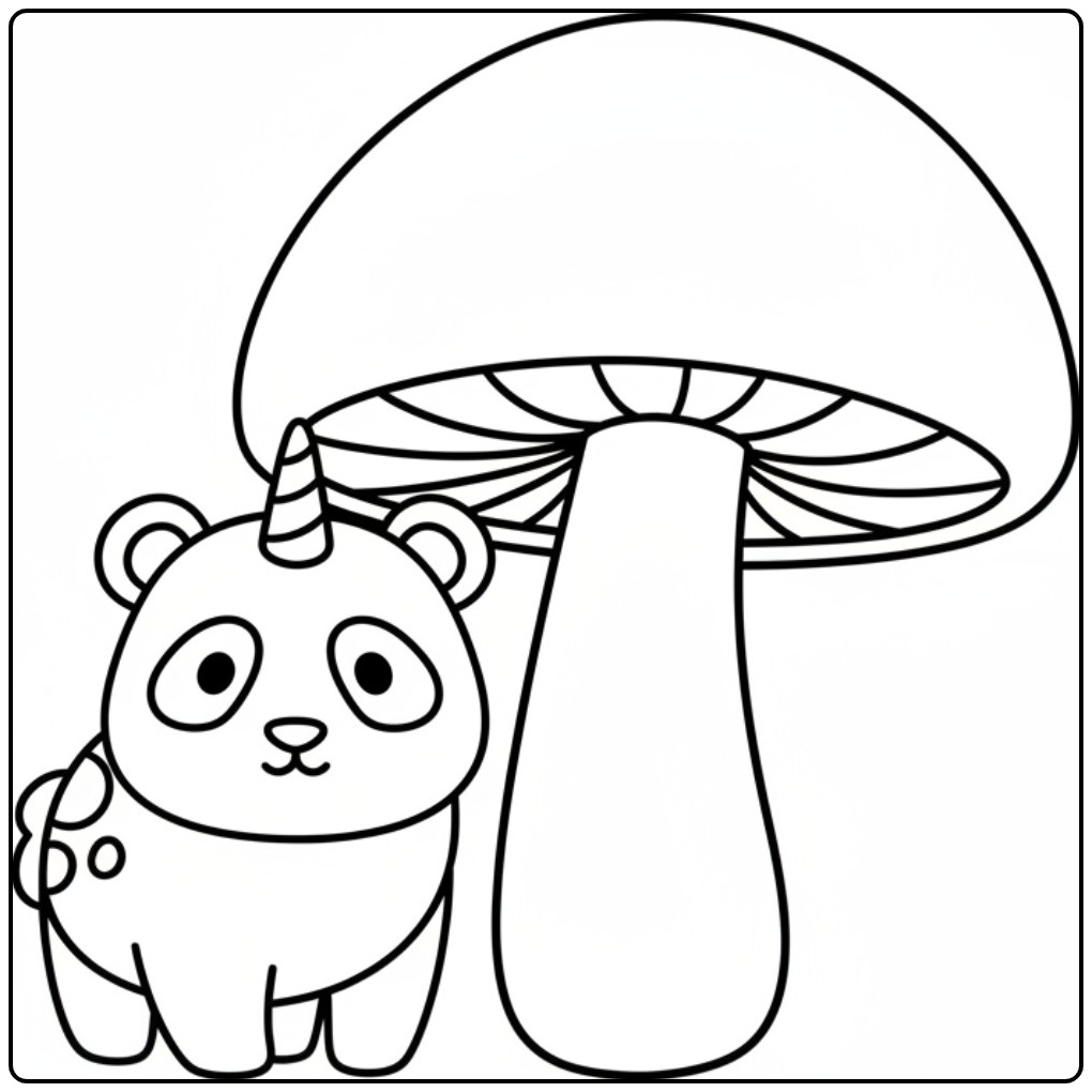 Un mignon coloriage panda licorne se cachant sous un champignon.