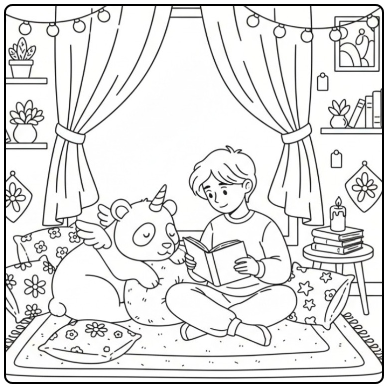 Un enfant lit une histoire à son ami, un coloriage panda licorne.