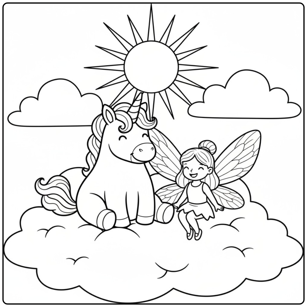 Un joli dessin de coloriage fée licorne souriant sur un nuage.