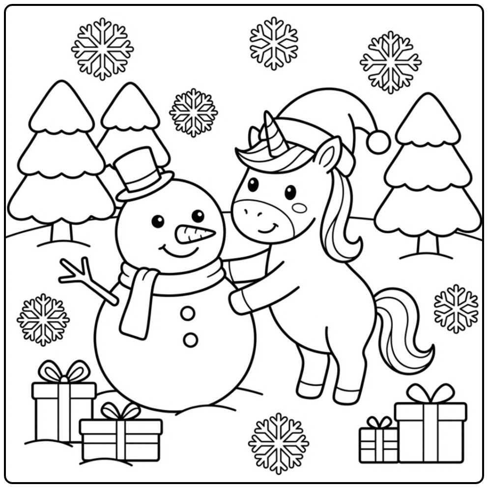 Dessin mignon avec un coloriage Licorne de Noël et Bonhomme de Neige.