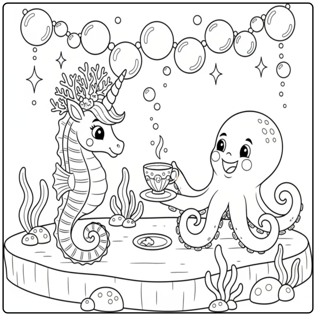 Adorable coloriage hippocampe licorne buvant le thé avec une pieuvre.