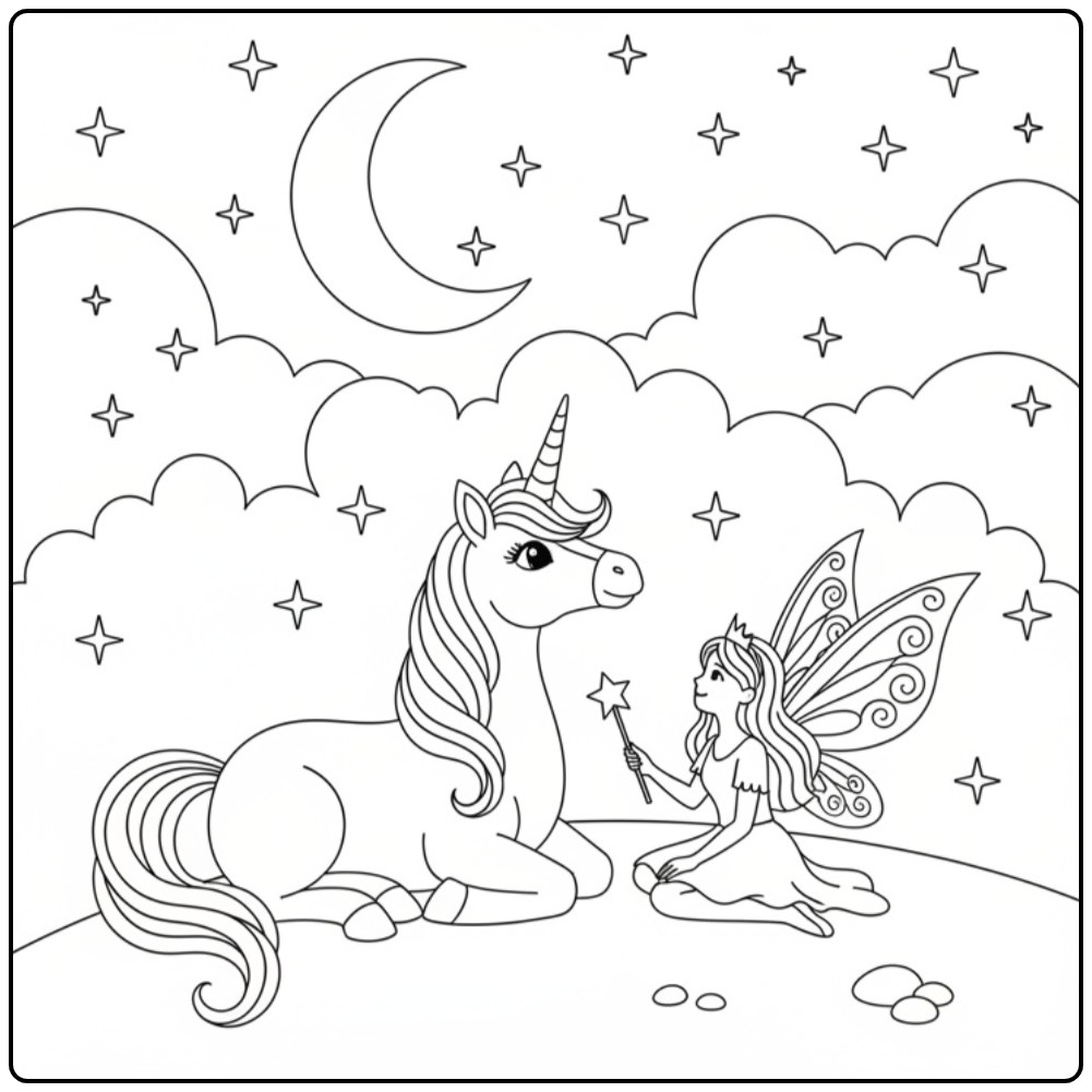 Une scène de coloriage fée licorne sous un ciel de nuit étoilé.