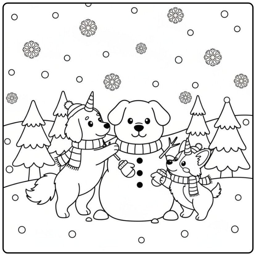 Un joli coloriage chien licorne qui bâtit un bonhomme de neige.