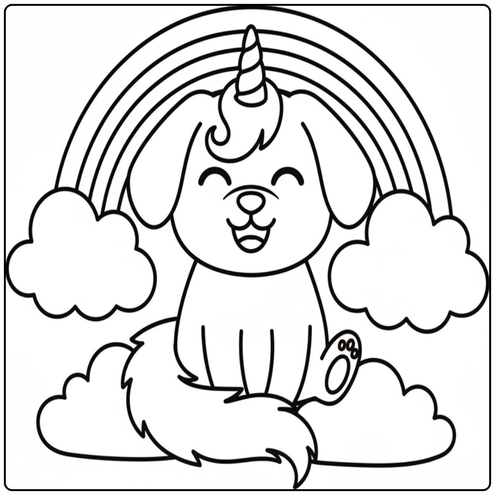 Un joyeux coloriage chien licorne assis sur des nuages doux.