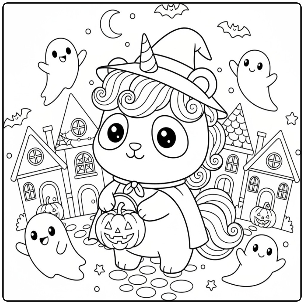 Un mignon Coloriage d’Halloween panda licorne avec des fantômes.