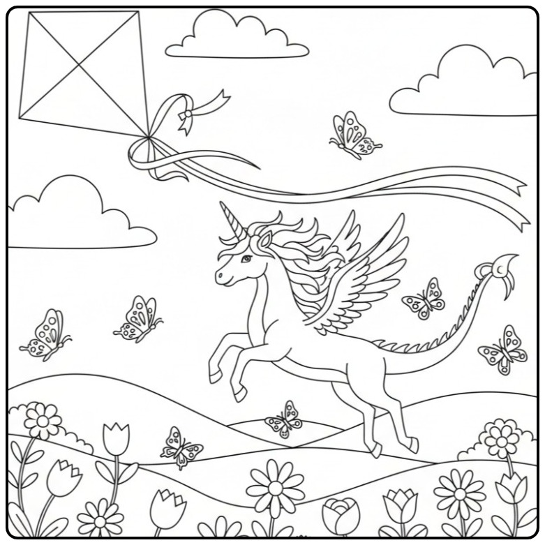 Joli coloriage dragon licorne avec un cerf-volant dans le ciel.