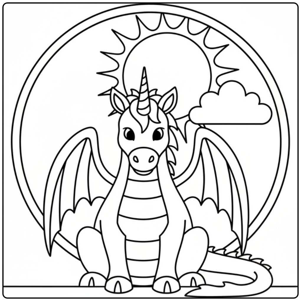 Un mignon coloriage dragon licorne assis devant un soleil.