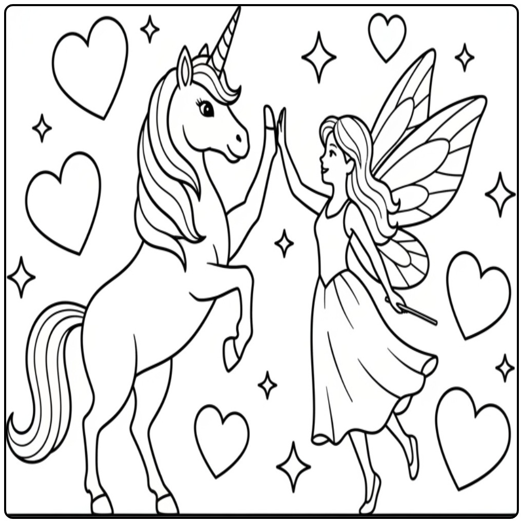 Un joyeux coloriage fée licorne se tapant dans la main.