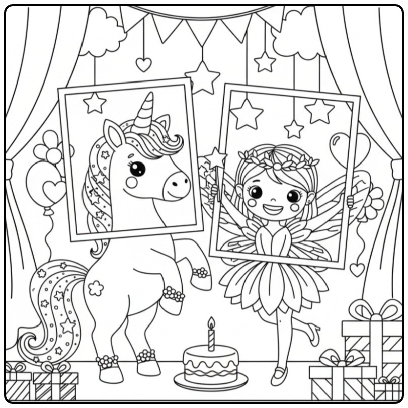 Une fée et son ami dans un Coloriage Fête d'Anniversaire Licorne.