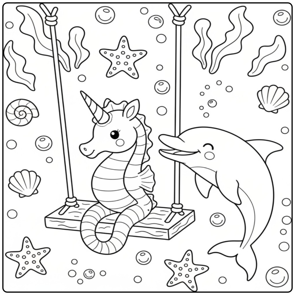 Un joli coloriage hippocampe licorne avec son ami dauphin.