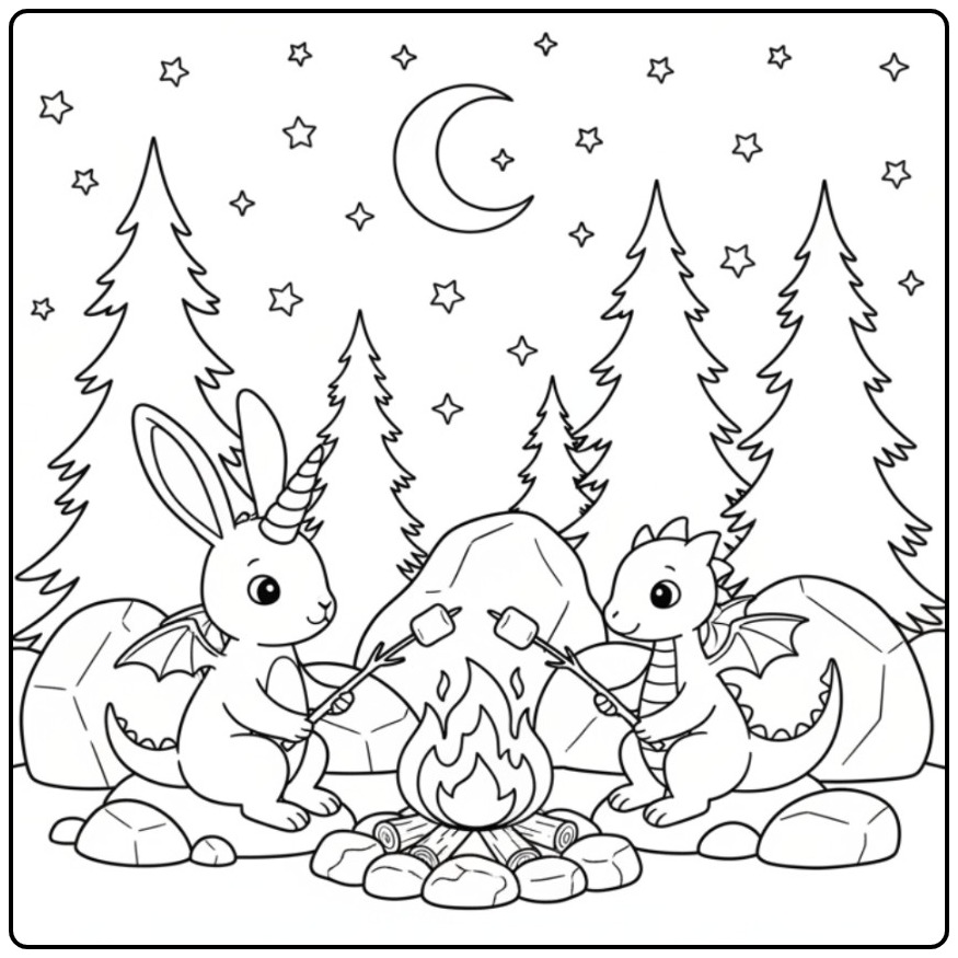Page de coloriage lapin licorne avec un dragon et un feu.