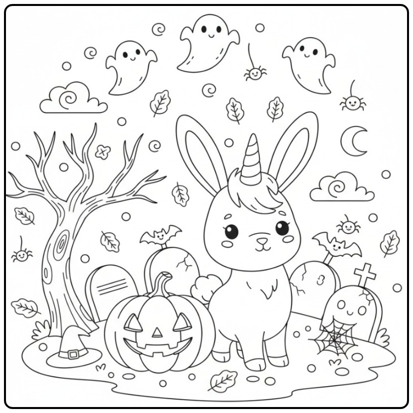 Un mignon Coloriage lapin licorne Halloween dans un cimetière.