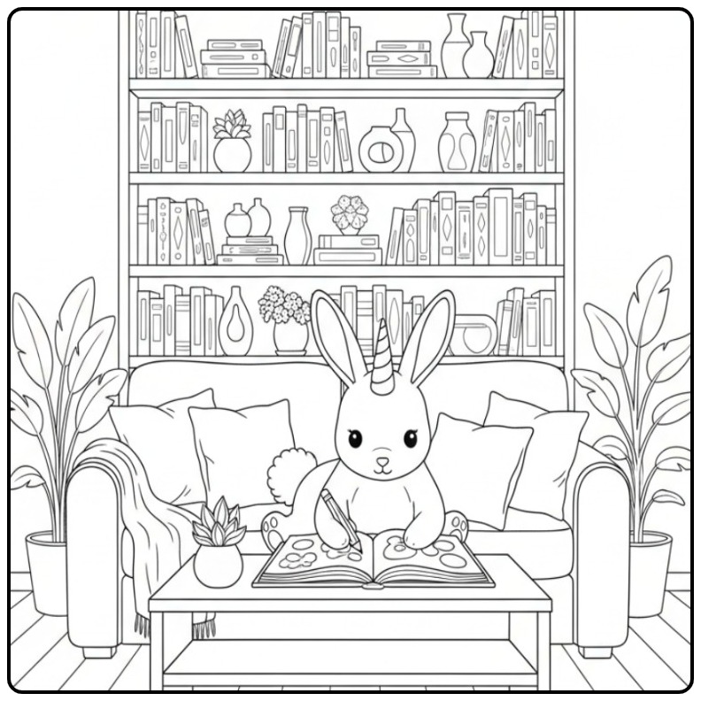 Un joli coloriage lapin licorne dessinant dans un salon cosy.