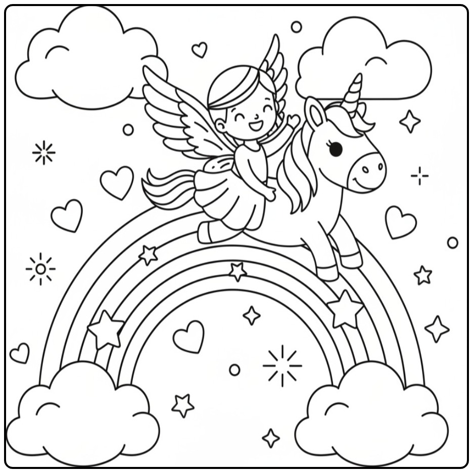 Jolie fée sur un amusant Coloriage Licorne et Arc-en-ciel.