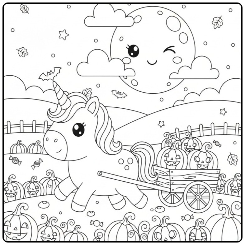 Joli Coloriage licorne Halloween et citrouille dans un champ.