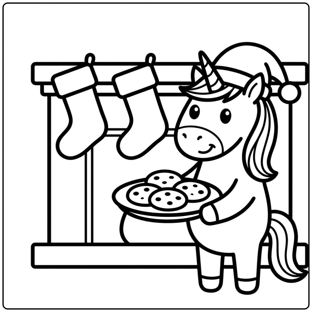 Un joli coloriage licorne noel près de la cheminée.